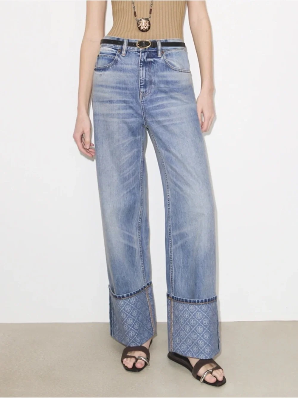 Tory Burch Contrast Cuff Straight Leg Jean - Light Vintage Wash